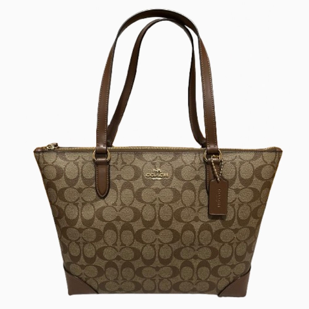 New Coach Signature Canvas Tote Bag Khaki Saddle with Leather Trim